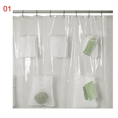 Clear Shower Curtain PVC Translucent With Pockets Waterproof Bathroom For iPad Tablet Phone Holder