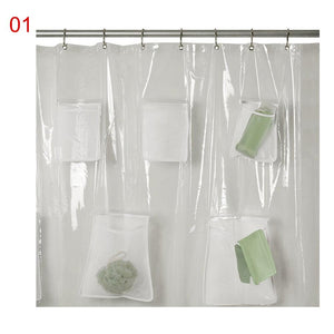 Clear Shower Curtain PVC Translucent With Pockets Waterproof Bathroom For iPad Tablet Phone Holder