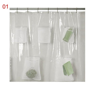 Clear Shower Curtain PVC Translucent With Pockets Waterproof Bathroom For iPad Tablet Phone Holder