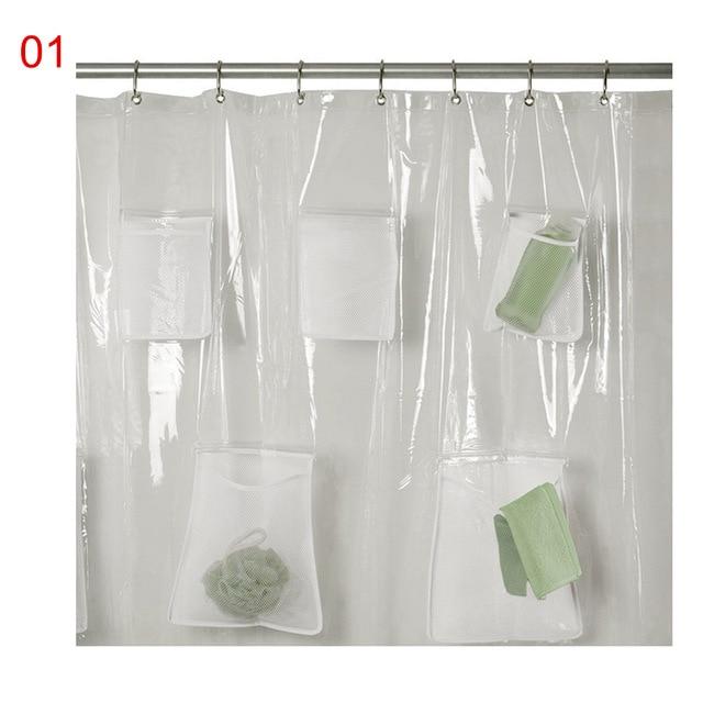 Clear Shower Curtain PVC Translucent With Pockets Waterproof Bathroom For iPad Tablet Phone Holder